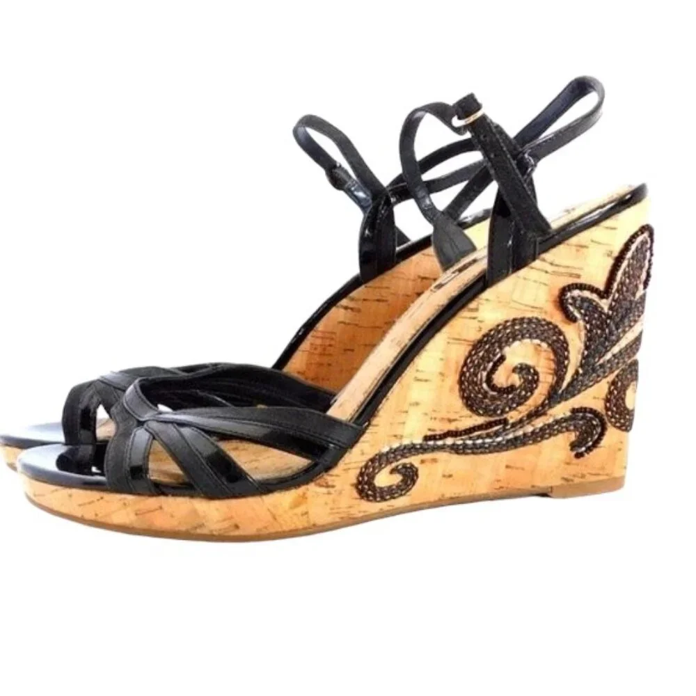 Bandolino Black Leather Embroidered Cork Wedges